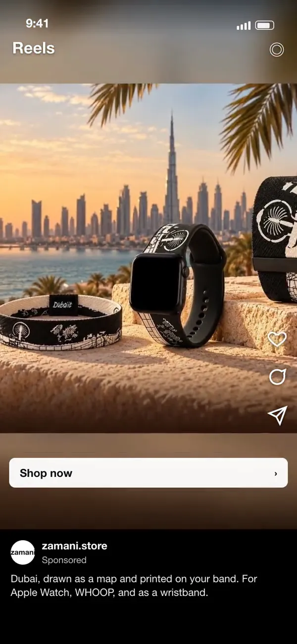 A zamani Reel ad: a map of Dubai draws itself, becomes the Dubai It band, and ends on the words Dubai It
