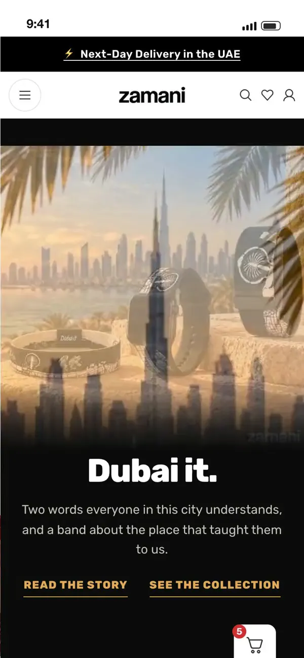 The zamani Dubai It landing page on a phone: the hero film turns the skyline into the band, then the page scrolls