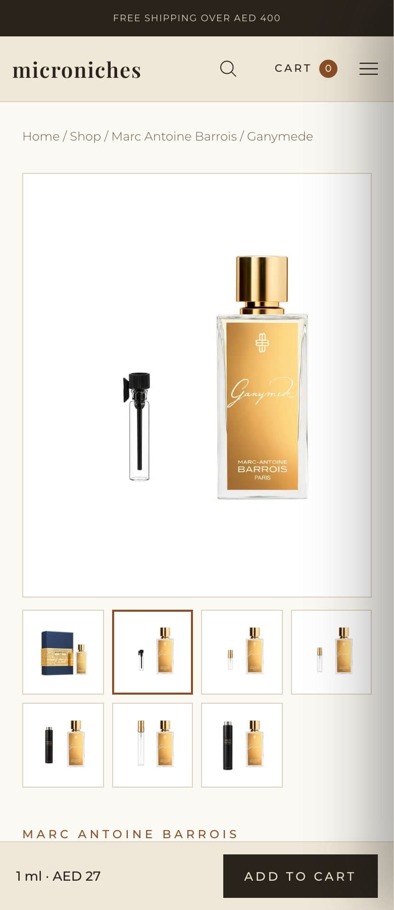 A Microniches product page on a phone: product photography, thumbnails, and a fixed bar showing 1 ml, AED 27 and an Add to cart button