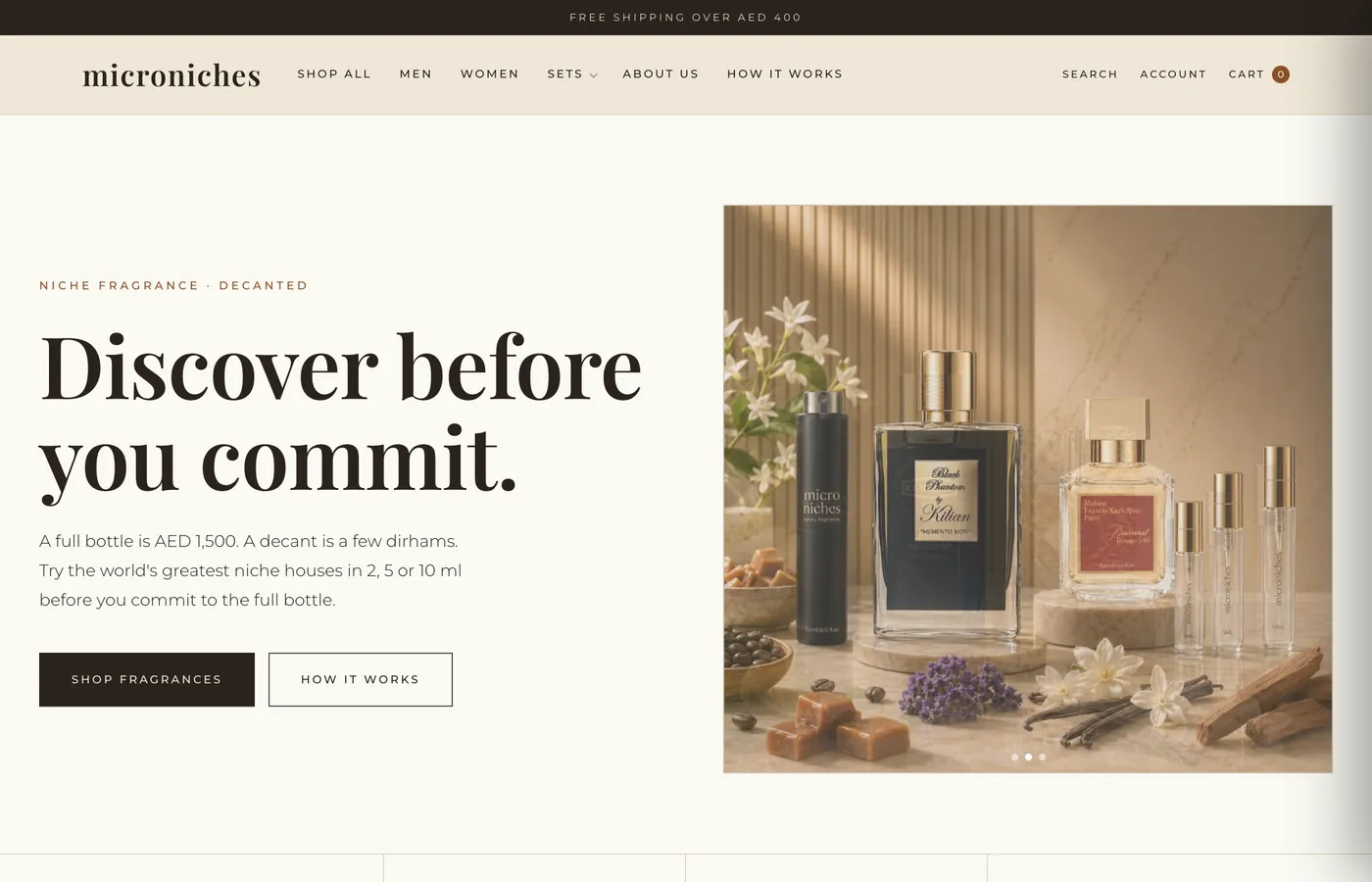 The Microniches storefront, a UAE niche fragrance retailer built by One Bit Launch