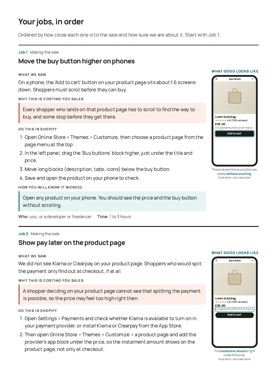 Page two of the sample report: the first fix, with steps and a picture of what good looks like